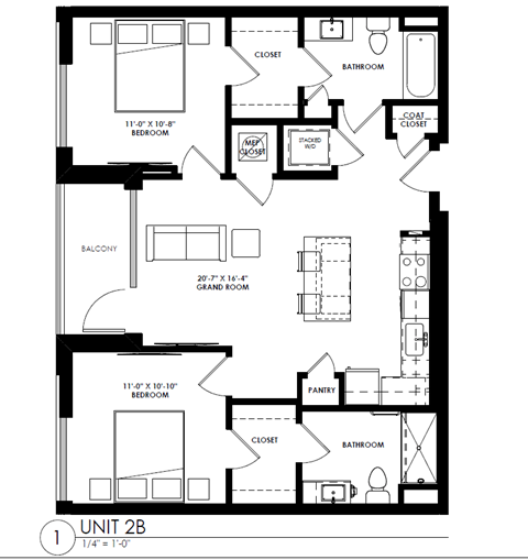 Floor plan for 2 beds, 1 bath, 978 sqft